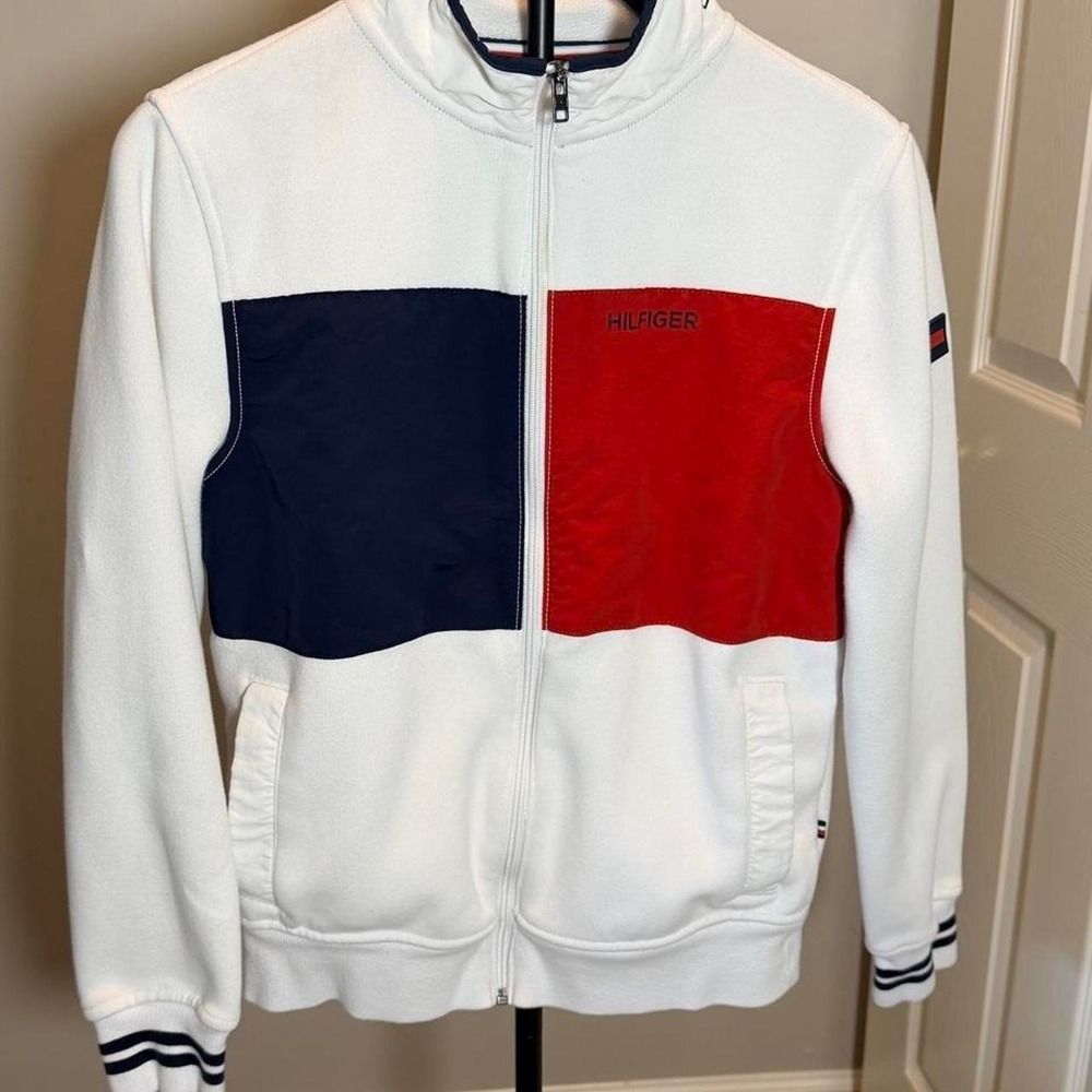 Tommy Hilfiger white, red, and navy blue color block zip-up jacket